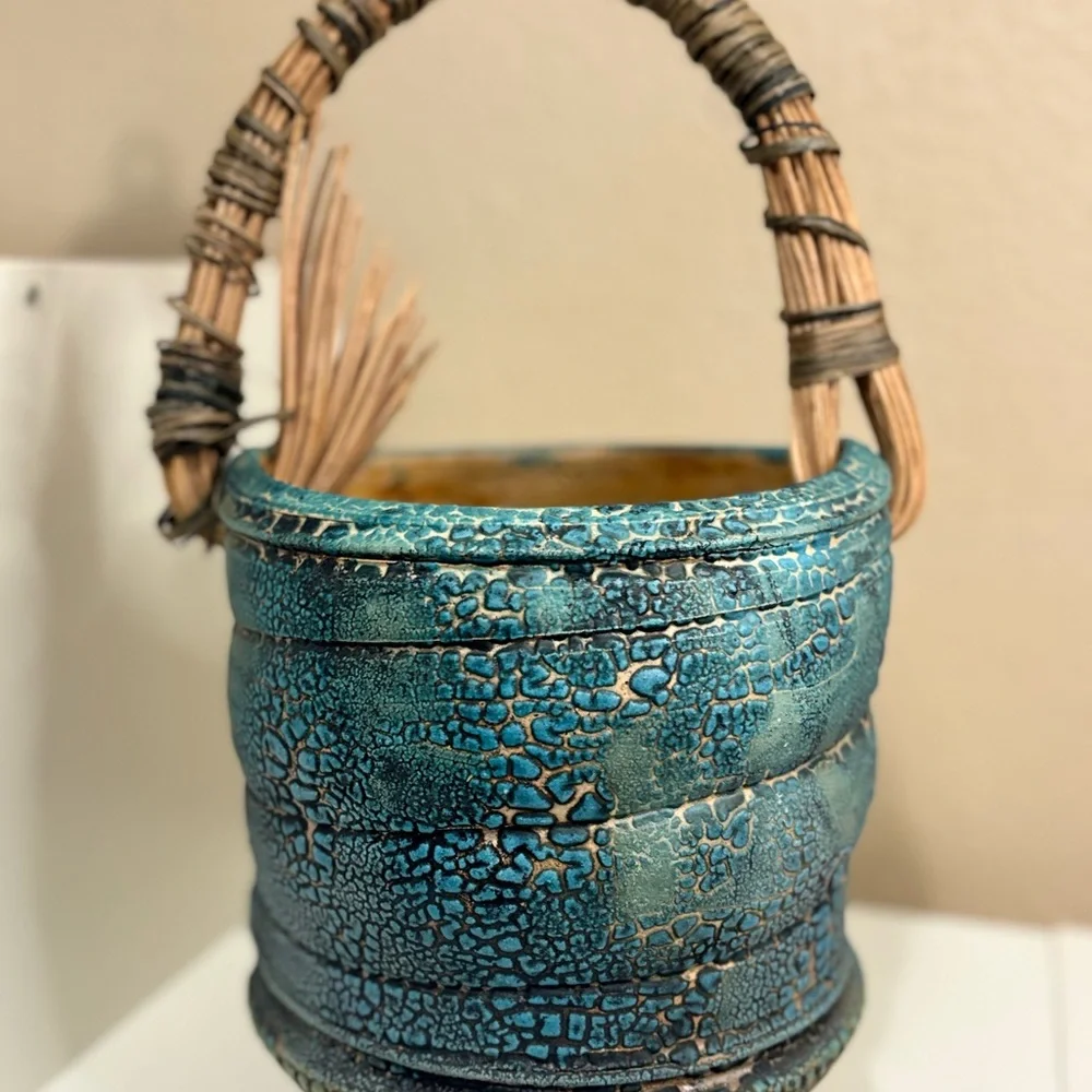 Rustic Blue Crackle Glaze Pottery Basket Planter w Handle
